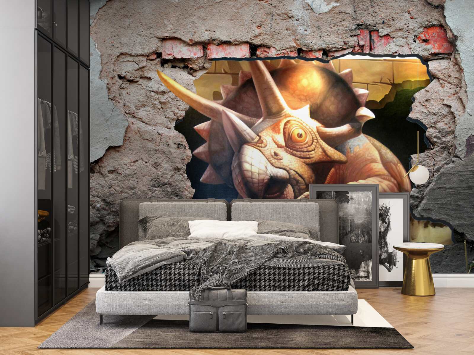 Fototapeta dinozaur pokonuje przeszkodę w postaci kamiennej ściany