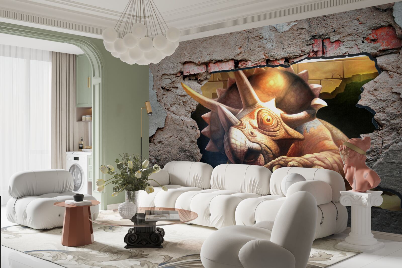 Fototapeta dinozaur pokonuje przeszkodę w postaci kamiennej ściany