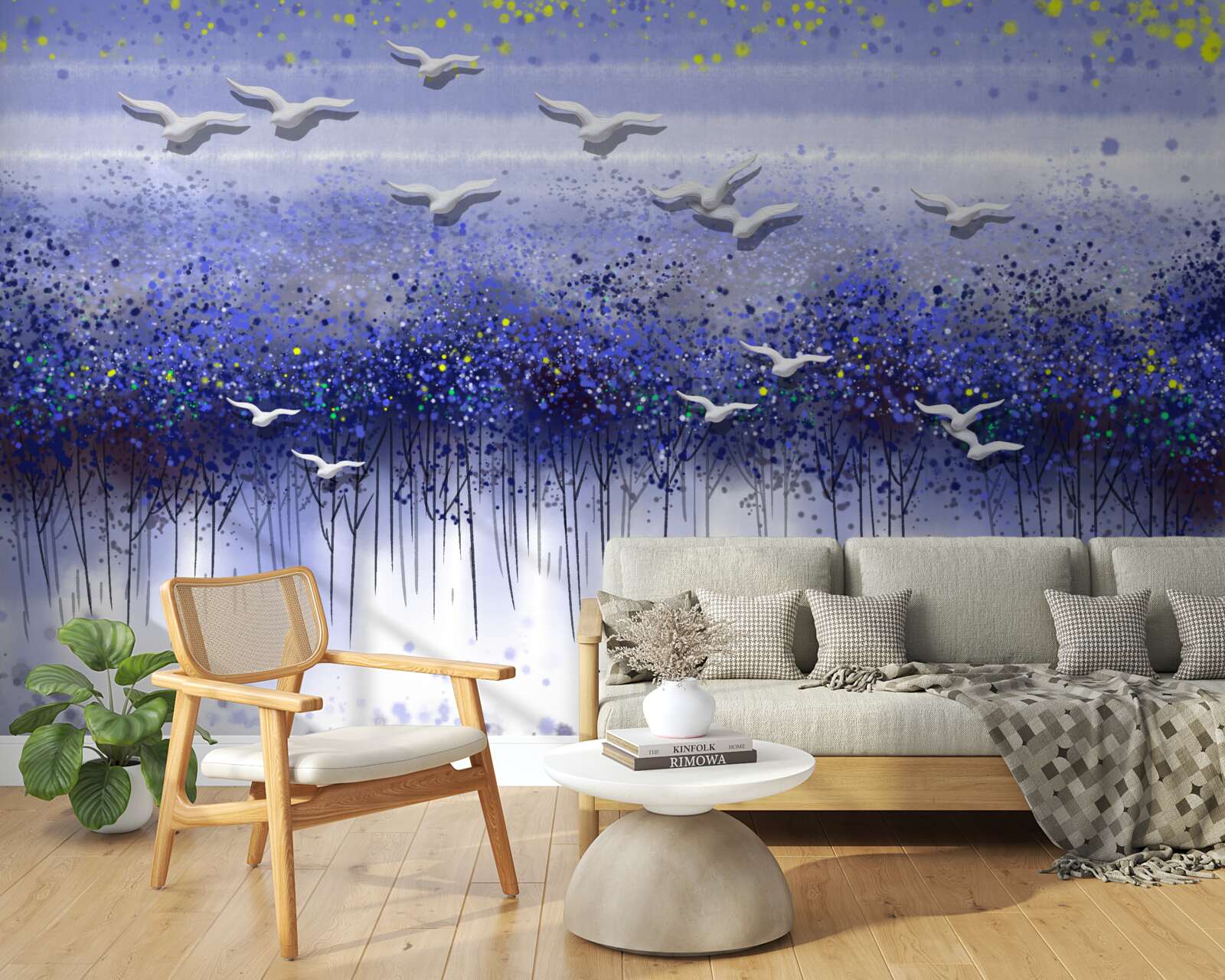 Fototapeta gromada ptaków na niebie nad lasem i jeziorem, pogrążona w półmroku