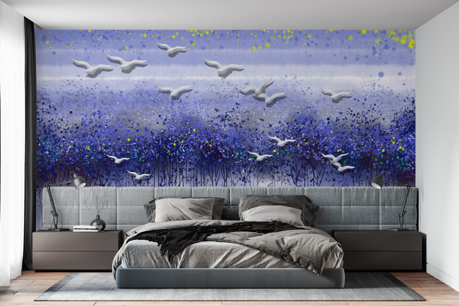 Fototapeta gromada ptaków na niebie nad lasem i jeziorem, pogrążona w półmroku