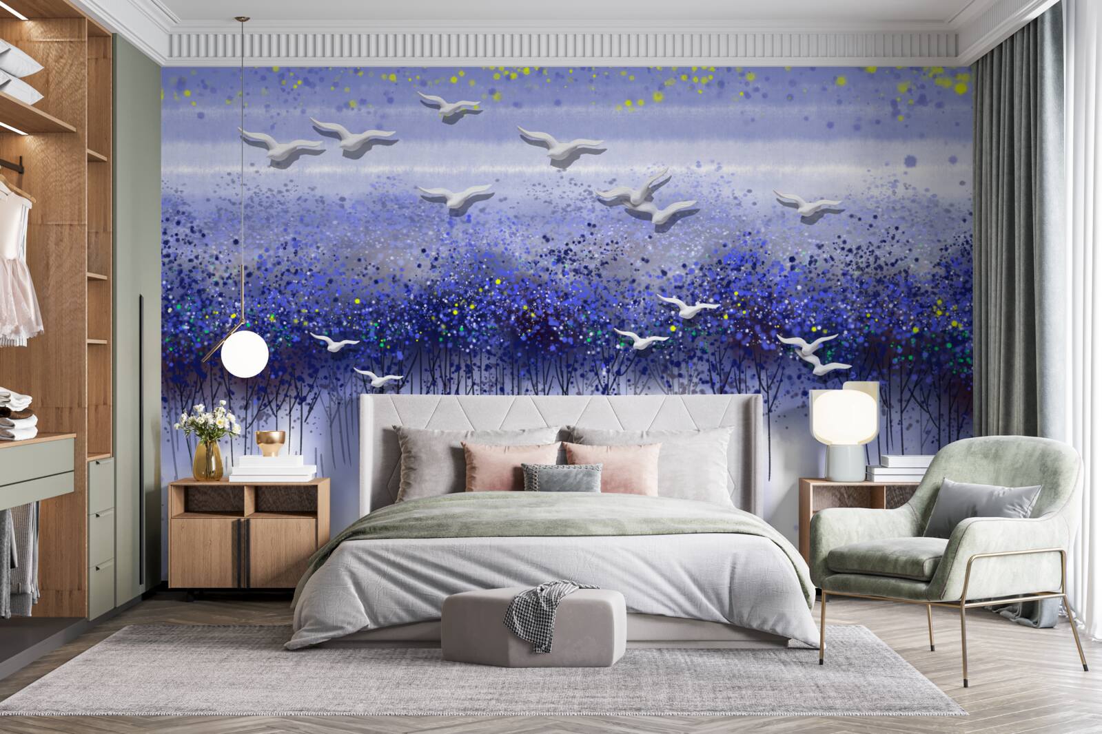 Fototapeta gromada ptaków na niebie nad lasem i jeziorem, pogrążona w półmroku