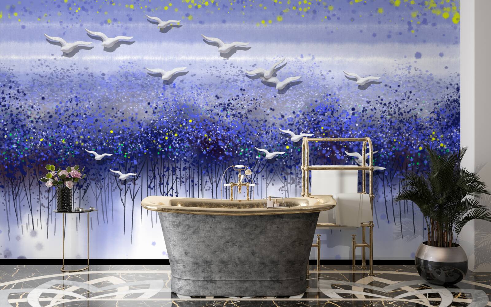 Fototapeta gromada ptaków na niebie nad lasem i jeziorem, pogrążona w półmroku