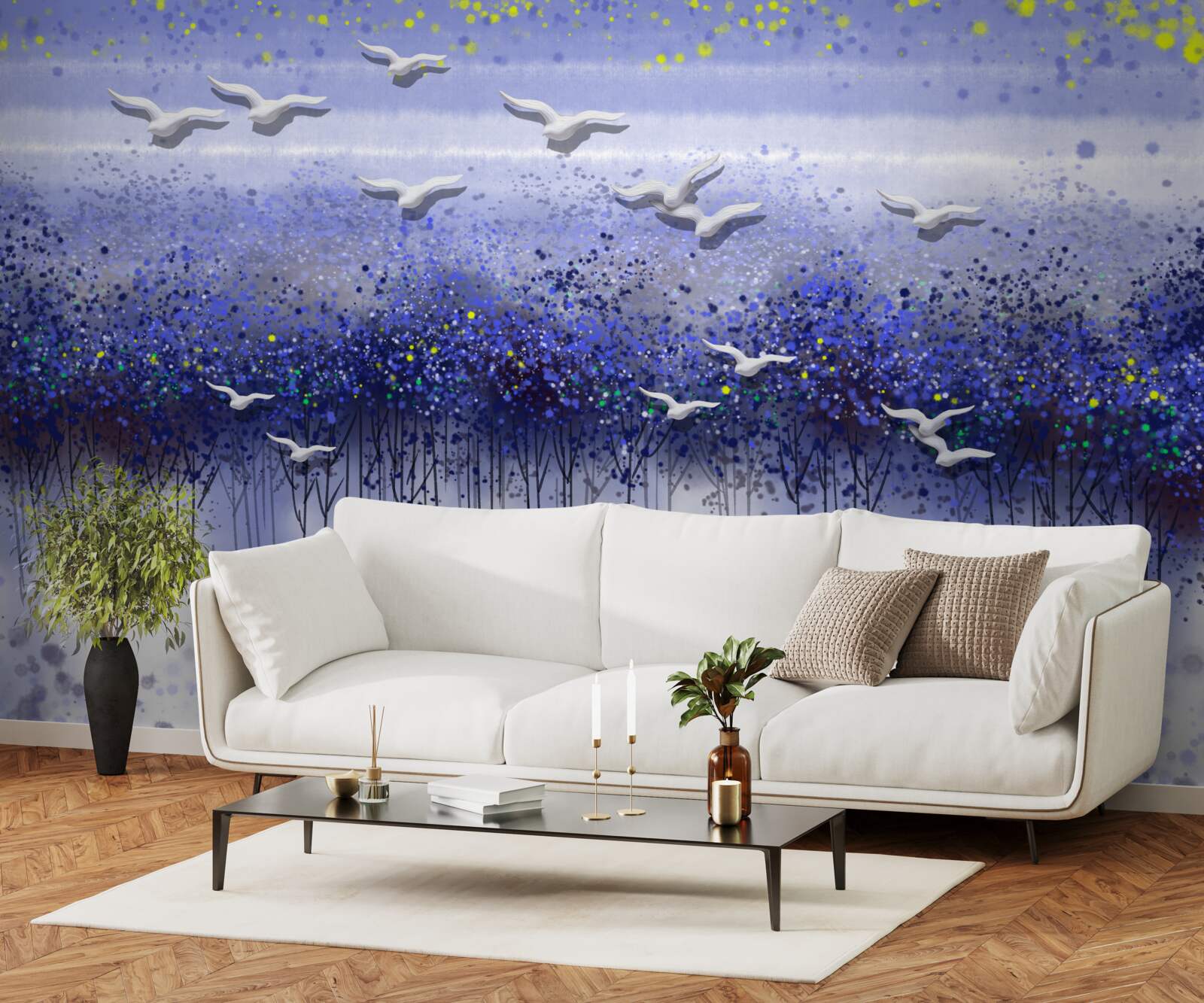 Fototapeta gromada ptaków na niebie nad lasem i jeziorem, pogrążona w półmroku