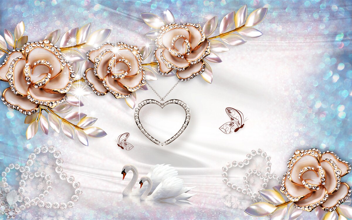 Fototapeta gałęzie kwiatów lśniące złotem i łabędzie białe jak śnieg