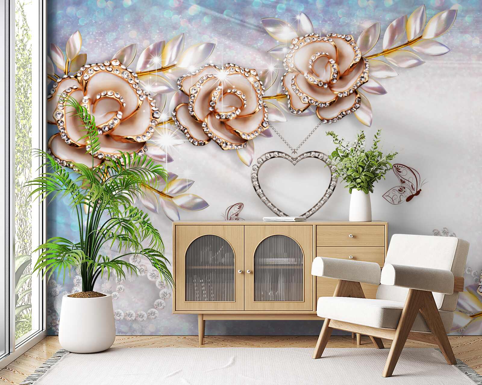 Fototapeta gałęzie kwiatów lśniące złotem i łabędzie białe jak śnieg