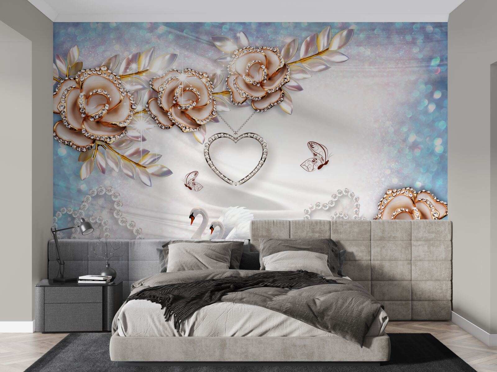 Fototapeta gałęzie kwiatów lśniące złotem i łabędzie białe jak śnieg