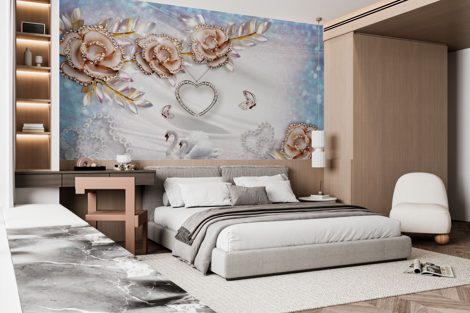 Fototapeta gałęzie kwiatów lśniące złotem i łabędzie białe jak śnieg