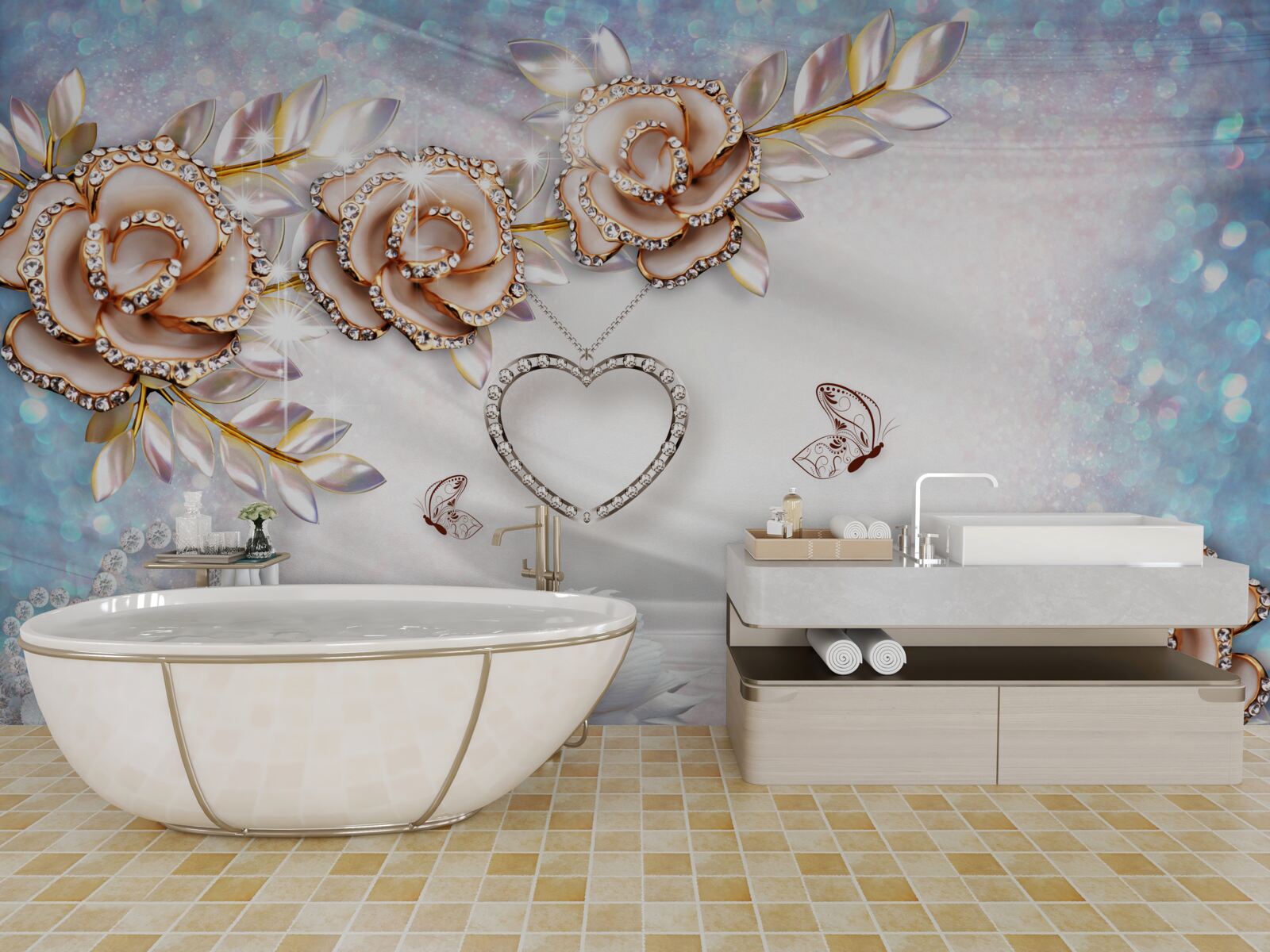 Fototapeta gałęzie kwiatów lśniące złotem i łabędzie białe jak śnieg