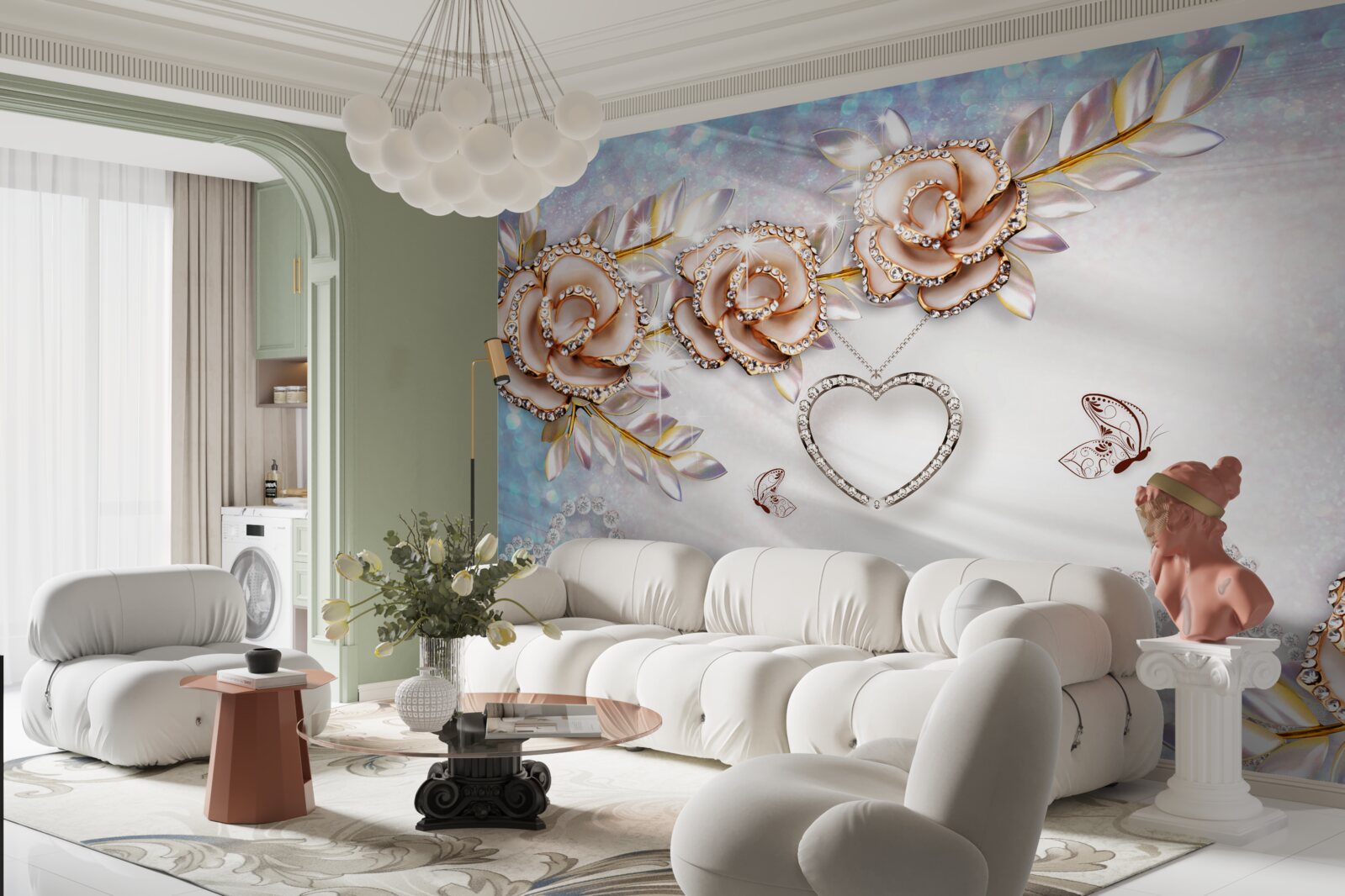 Fototapeta gałęzie kwiatów lśniące złotem i łabędzie białe jak śnieg