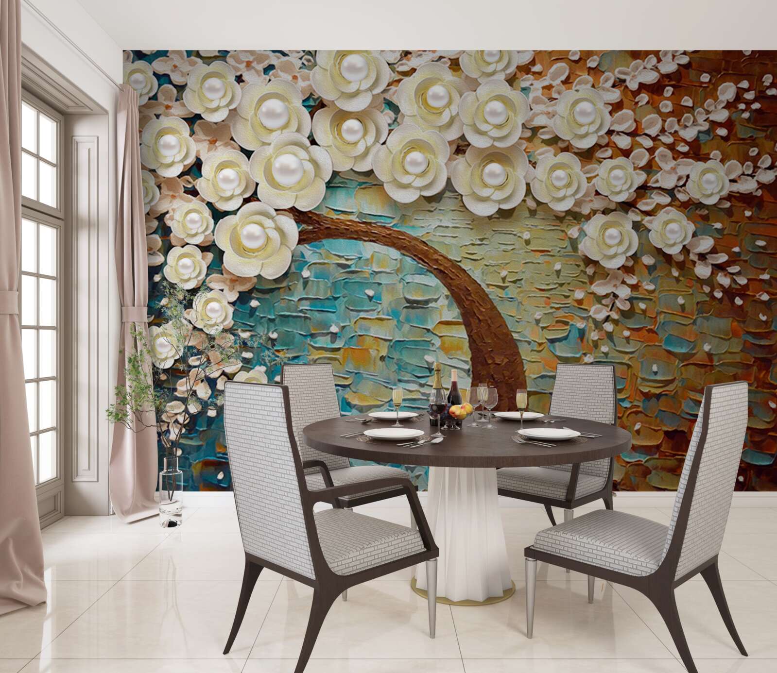 Fototapeta drzewo z perłowobiałymi kwiatami