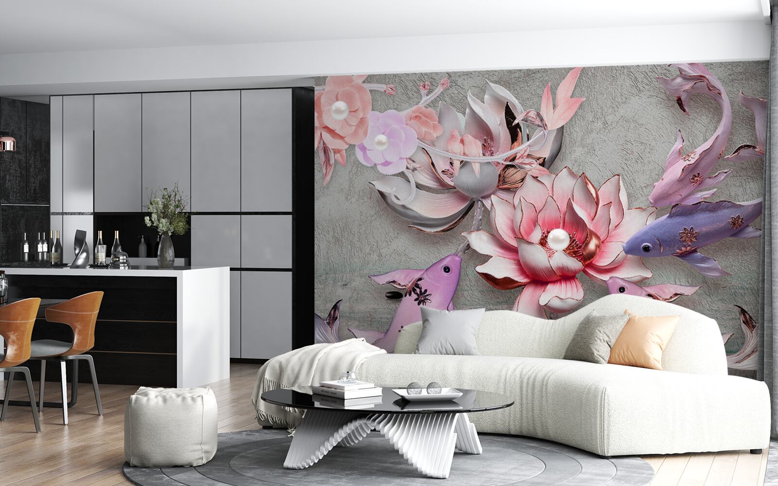 Fototapeta scena na jeziorze z lotosami i rybami