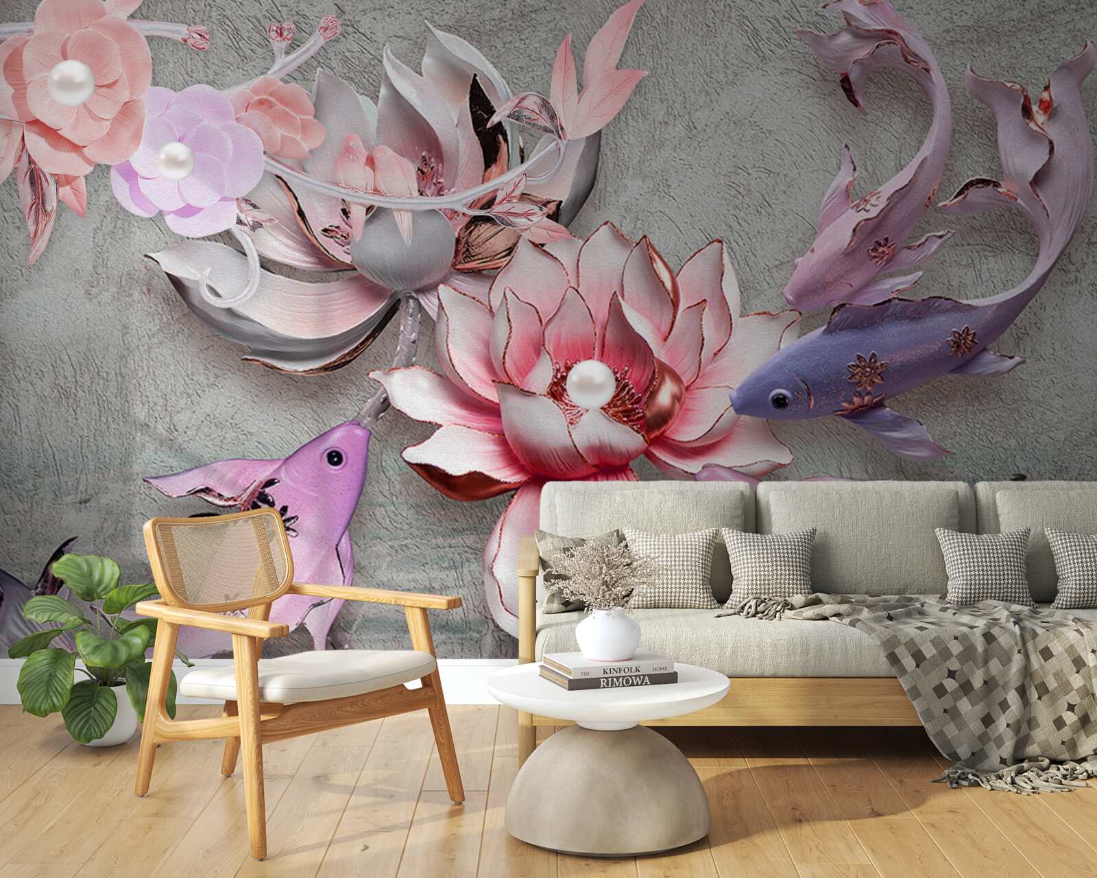 Fototapeta scena na jeziorze z lotosami i rybami