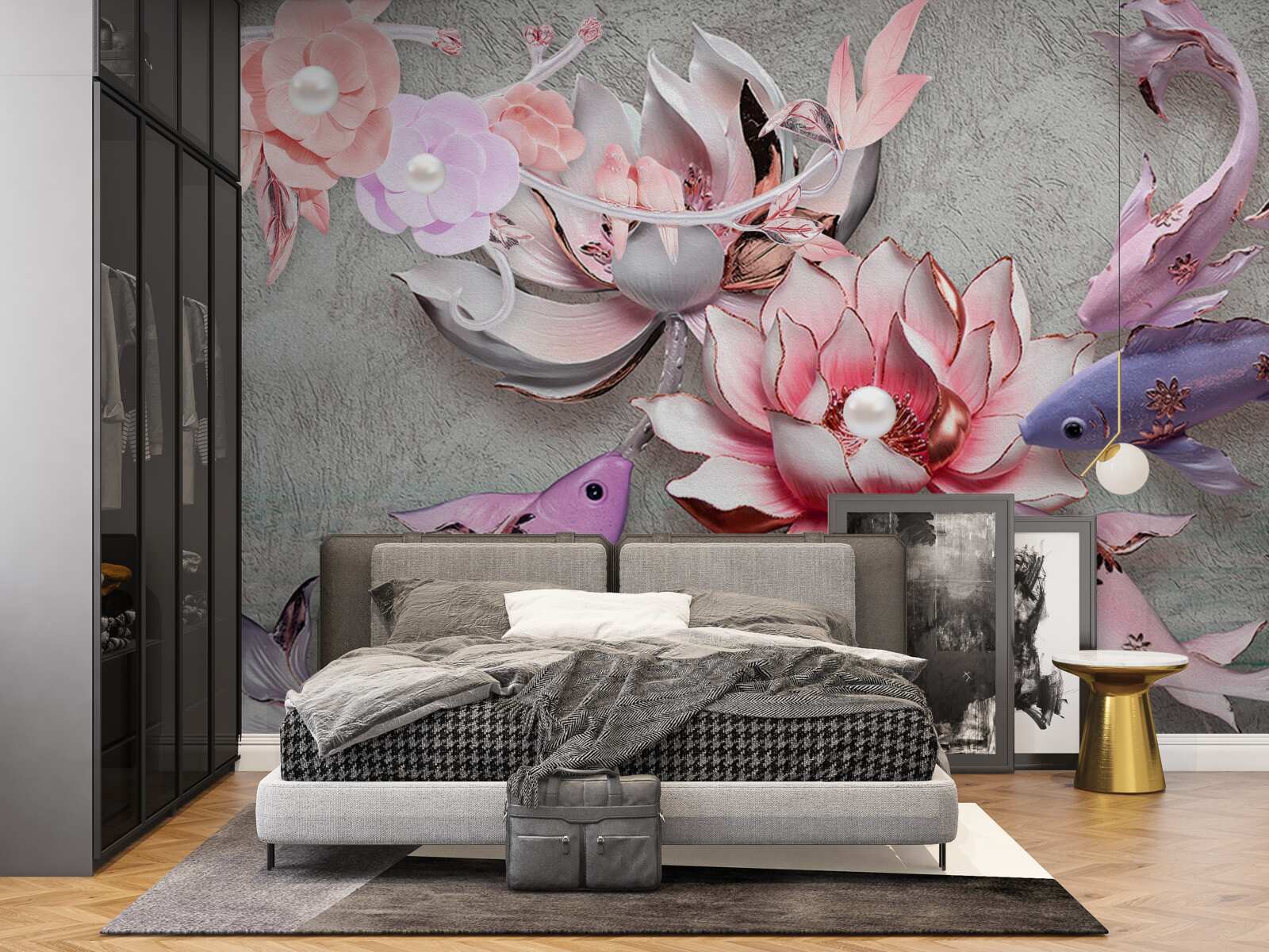 Fototapeta scena na jeziorze z lotosami i rybami