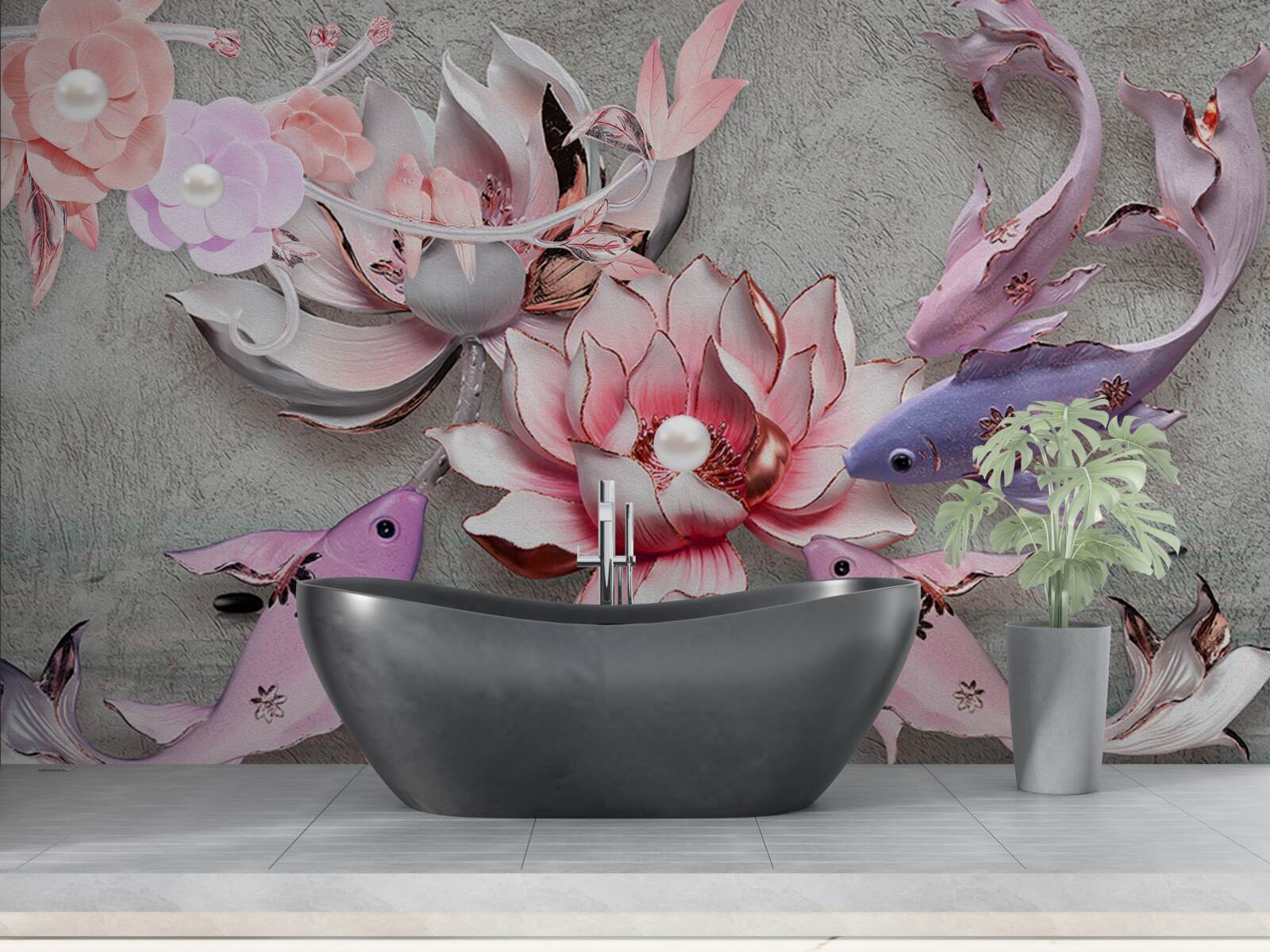 Fototapeta scena na jeziorze z lotosami i rybami