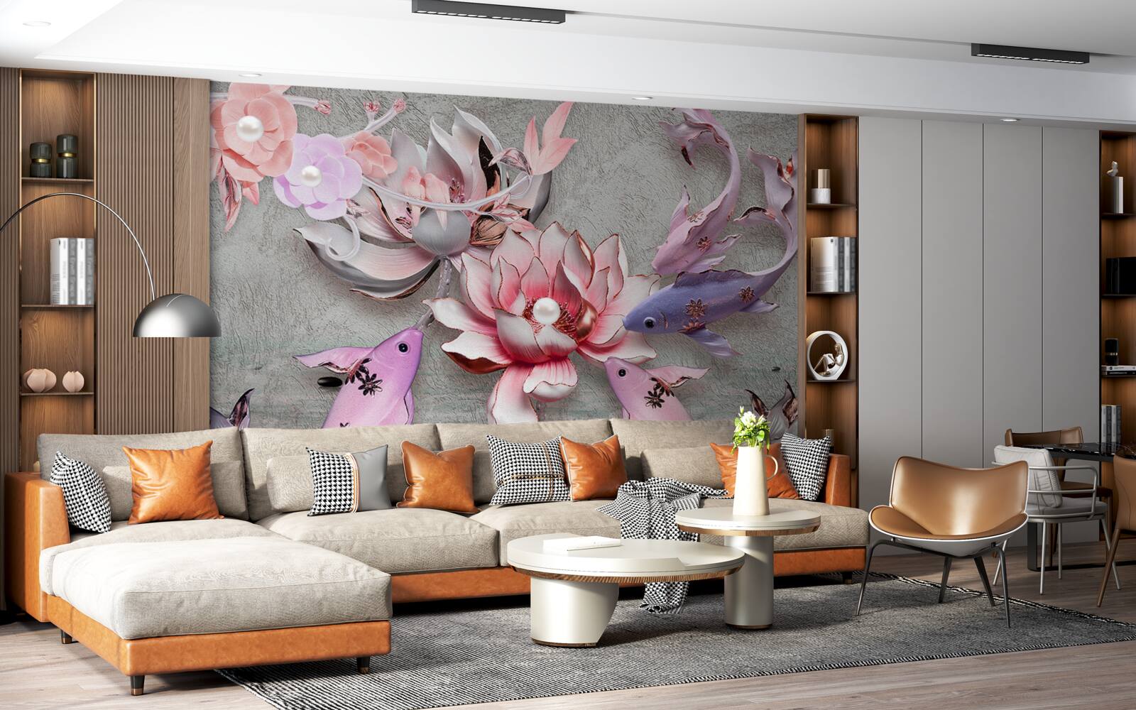 Fototapeta scena na jeziorze z lotosami i rybami