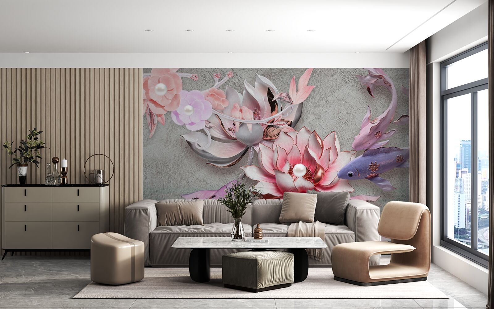 Fototapeta scena na jeziorze z lotosami i rybami