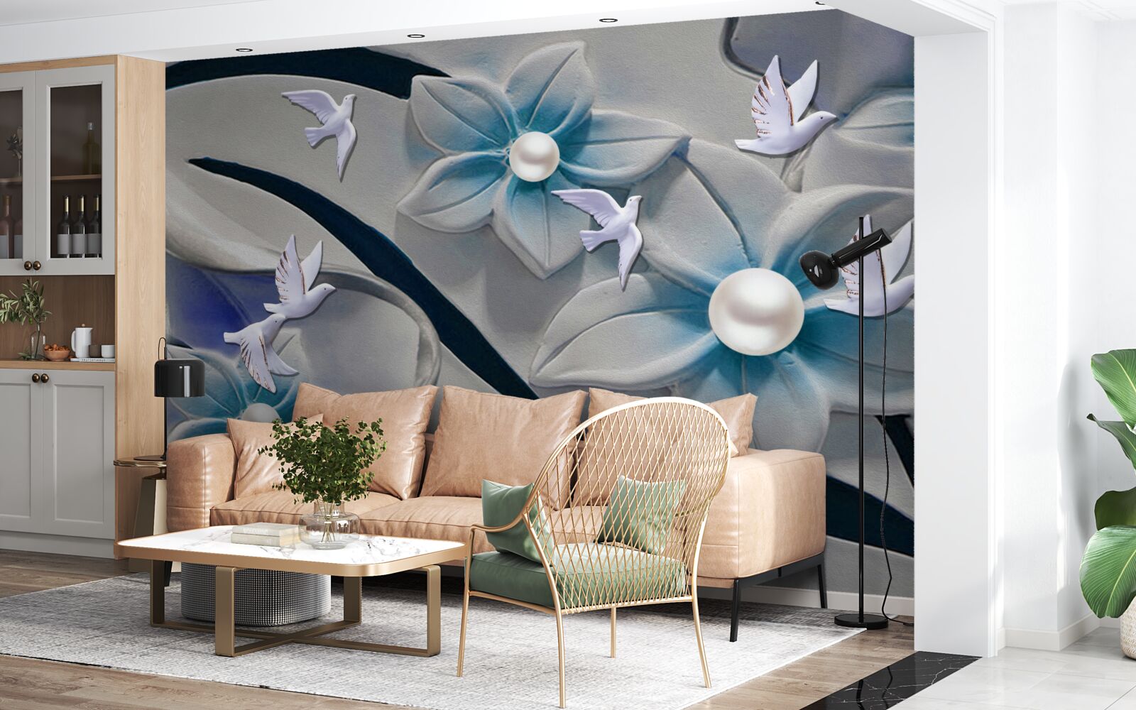 Fototapeta kwiaty w kolorze śnieżnobiałym z perełkami, ozdobione motylkami