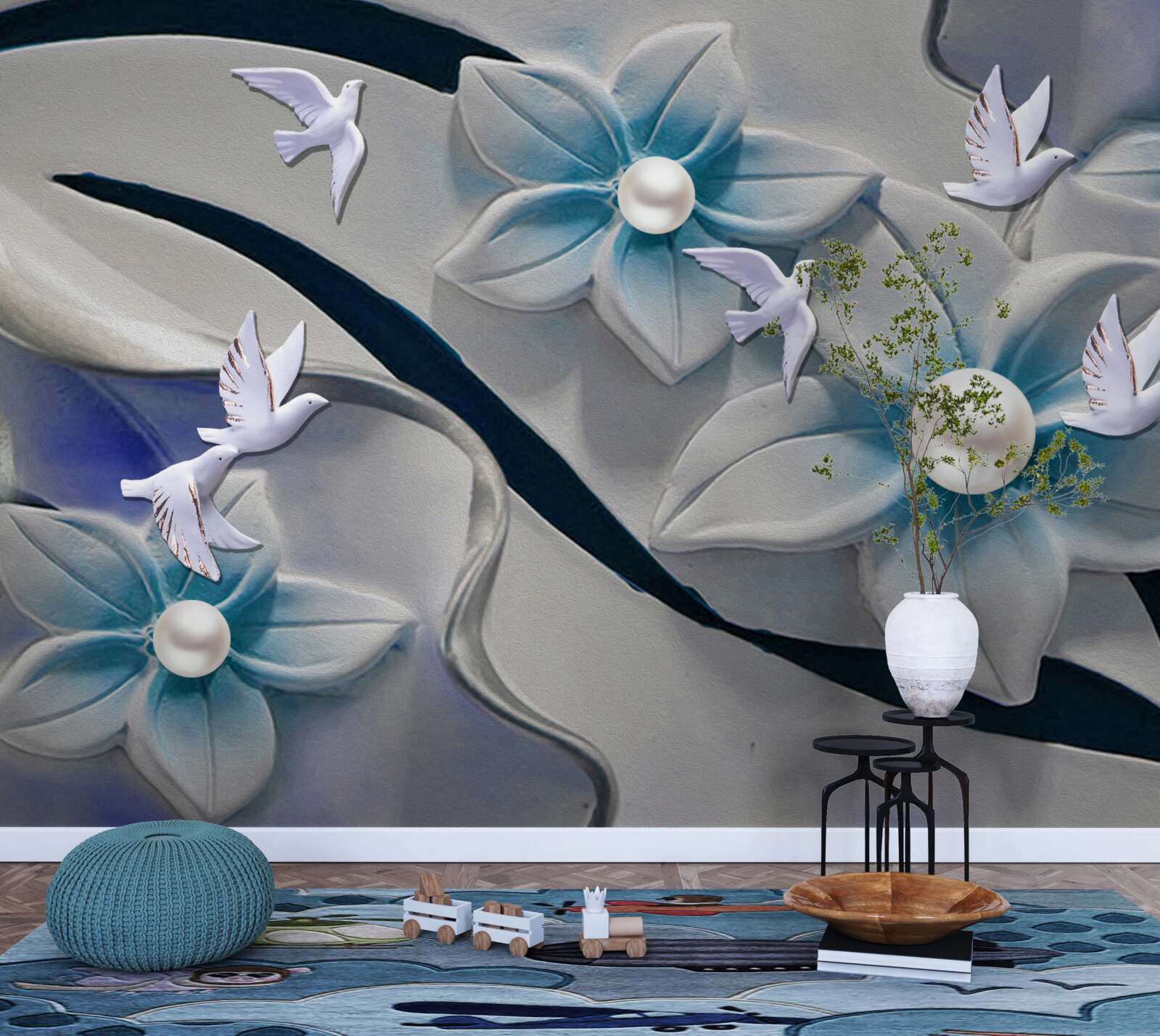 Fototapeta kwiaty w kolorze śnieżnobiałym z perełkami, ozdobione motylkami