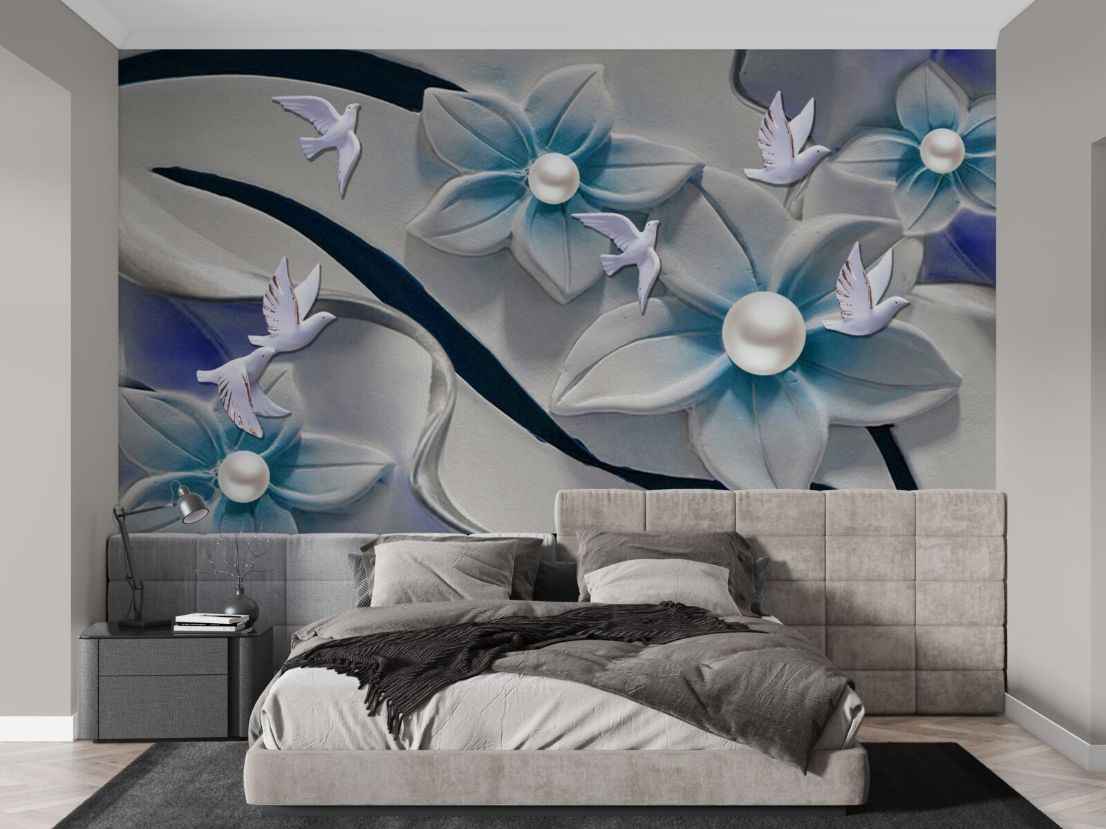 Fototapeta kwiaty w kolorze śnieżnobiałym z perełkami, ozdobione motylkami