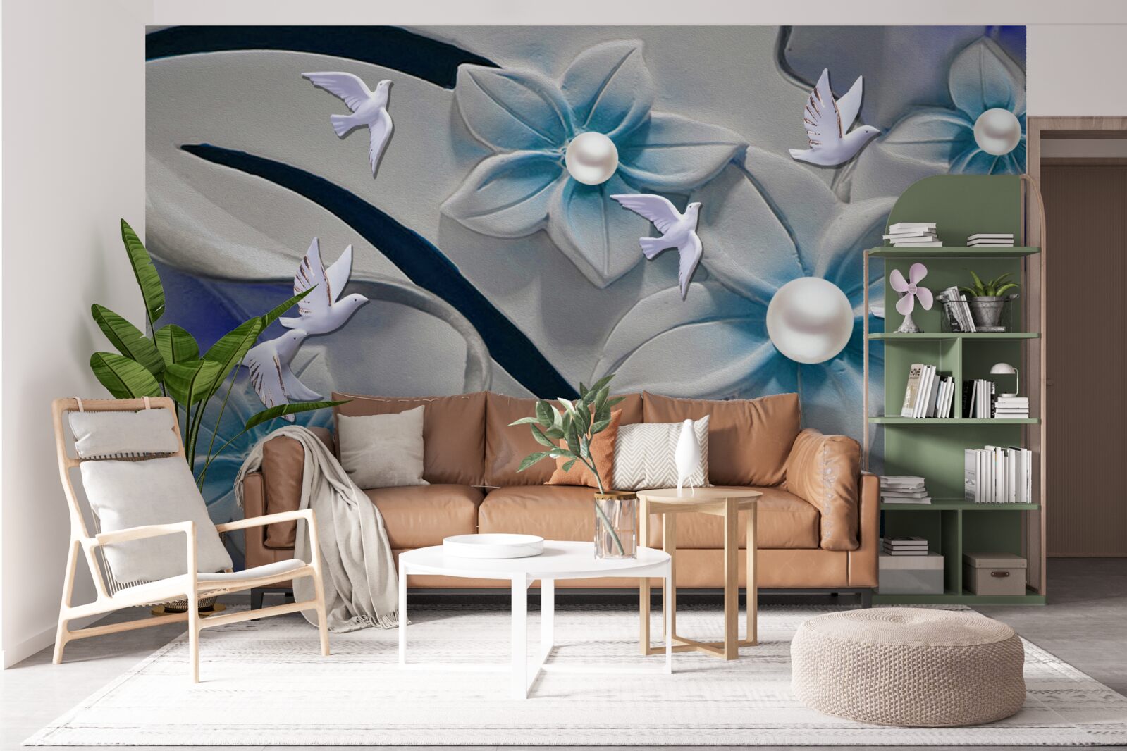 Fototapeta kwiaty w kolorze śnieżnobiałym z perełkami, ozdobione motylkami