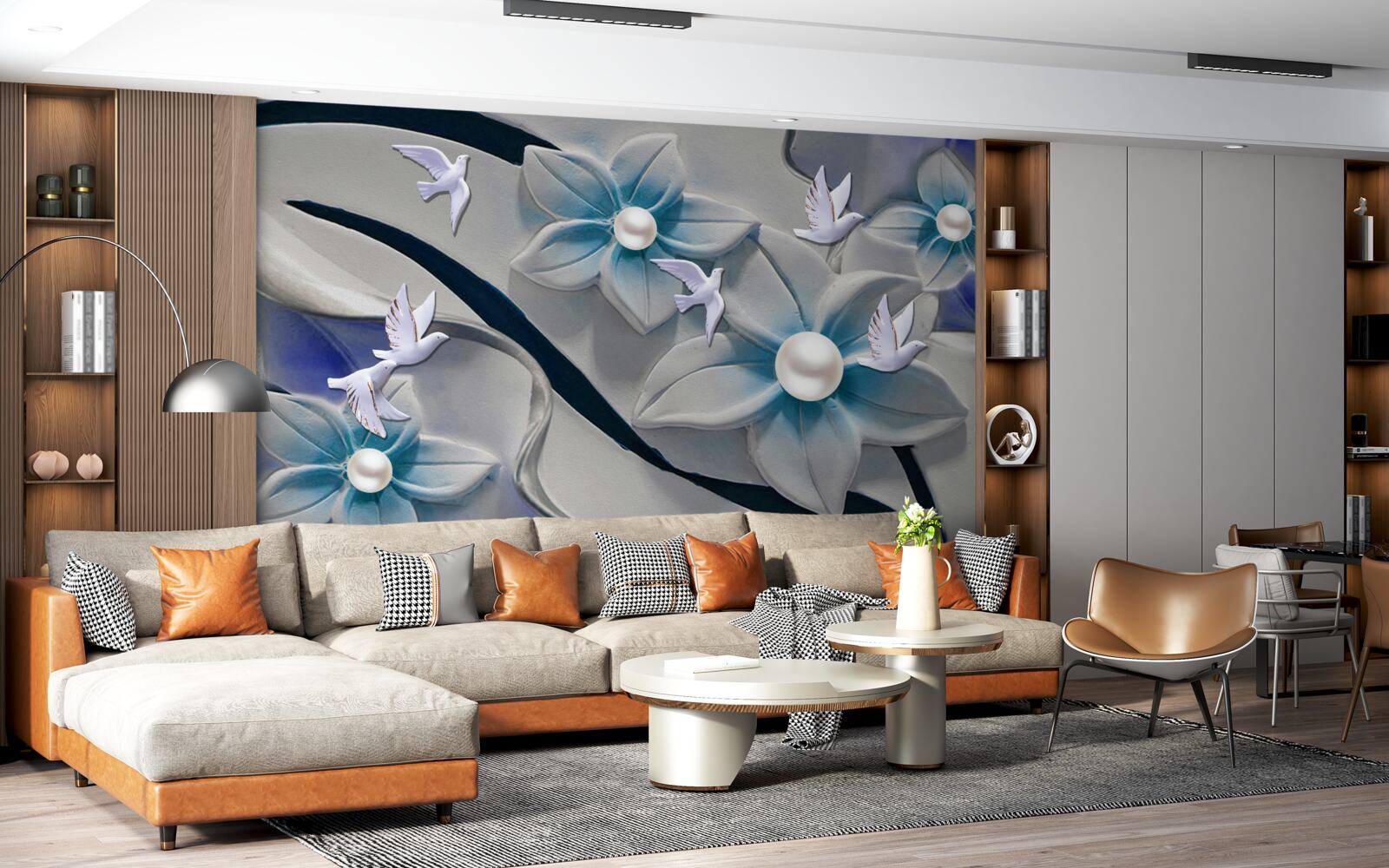 Fototapeta kwiaty w kolorze śnieżnobiałym z perełkami, ozdobione motylkami