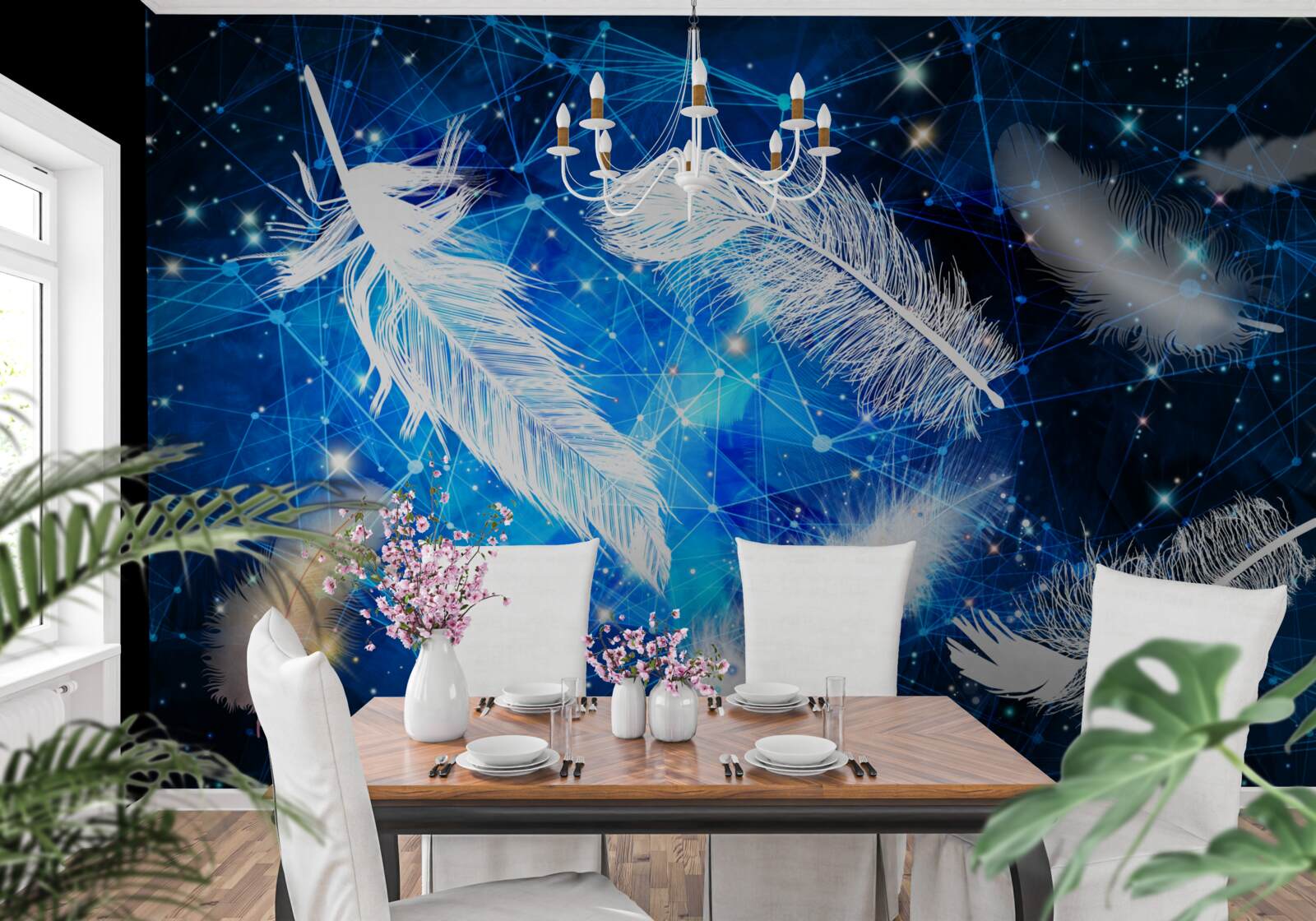 Fototapeta gwiaździste niebo jako tło dla białych piór