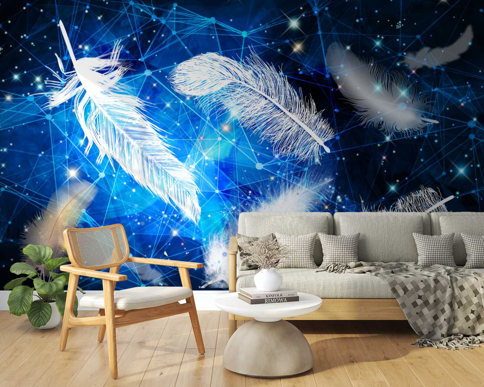 Fototapeta gwiaździste niebo jako tło dla białych piór