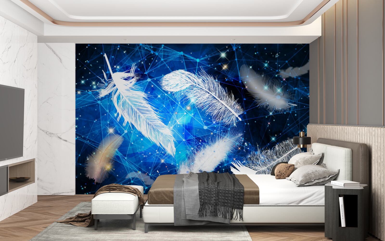 Fototapeta gwiaździste niebo jako tło dla białych piór