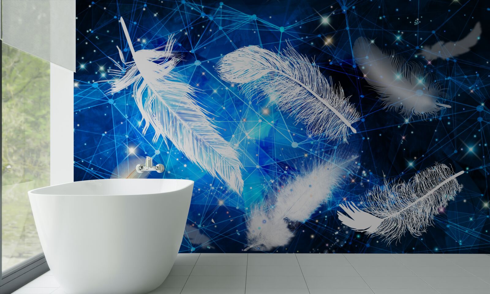 Fototapeta gwiaździste niebo jako tło dla białych piór