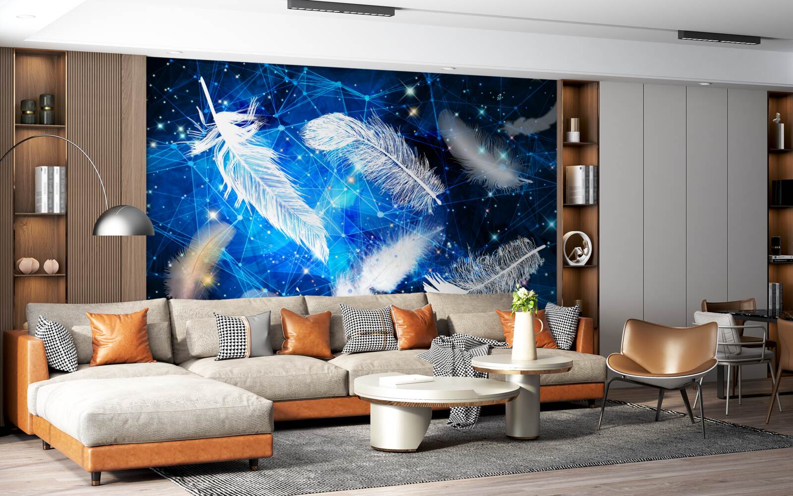 Fototapeta gwiaździste niebo jako tło dla białych piór