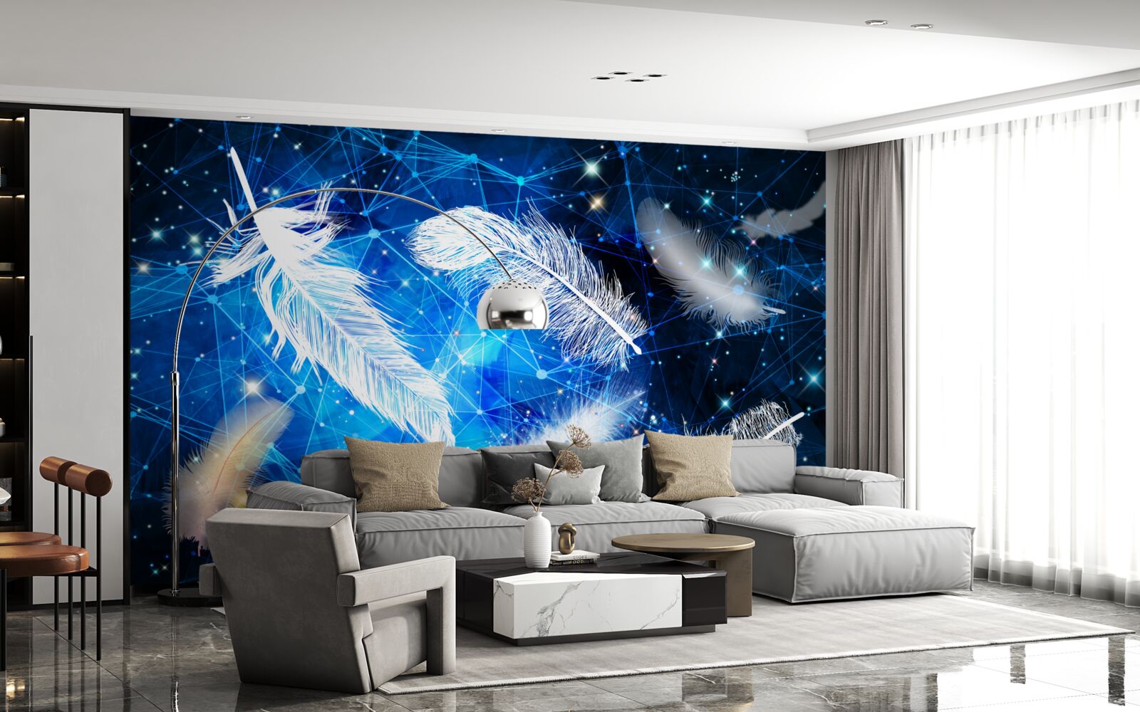 Fototapeta gwiaździste niebo jako tło dla białych piór