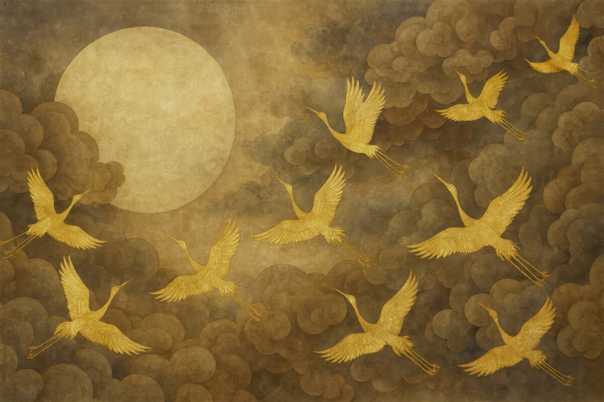 Fototapeta Lot żurawi, w stylu chińskim.