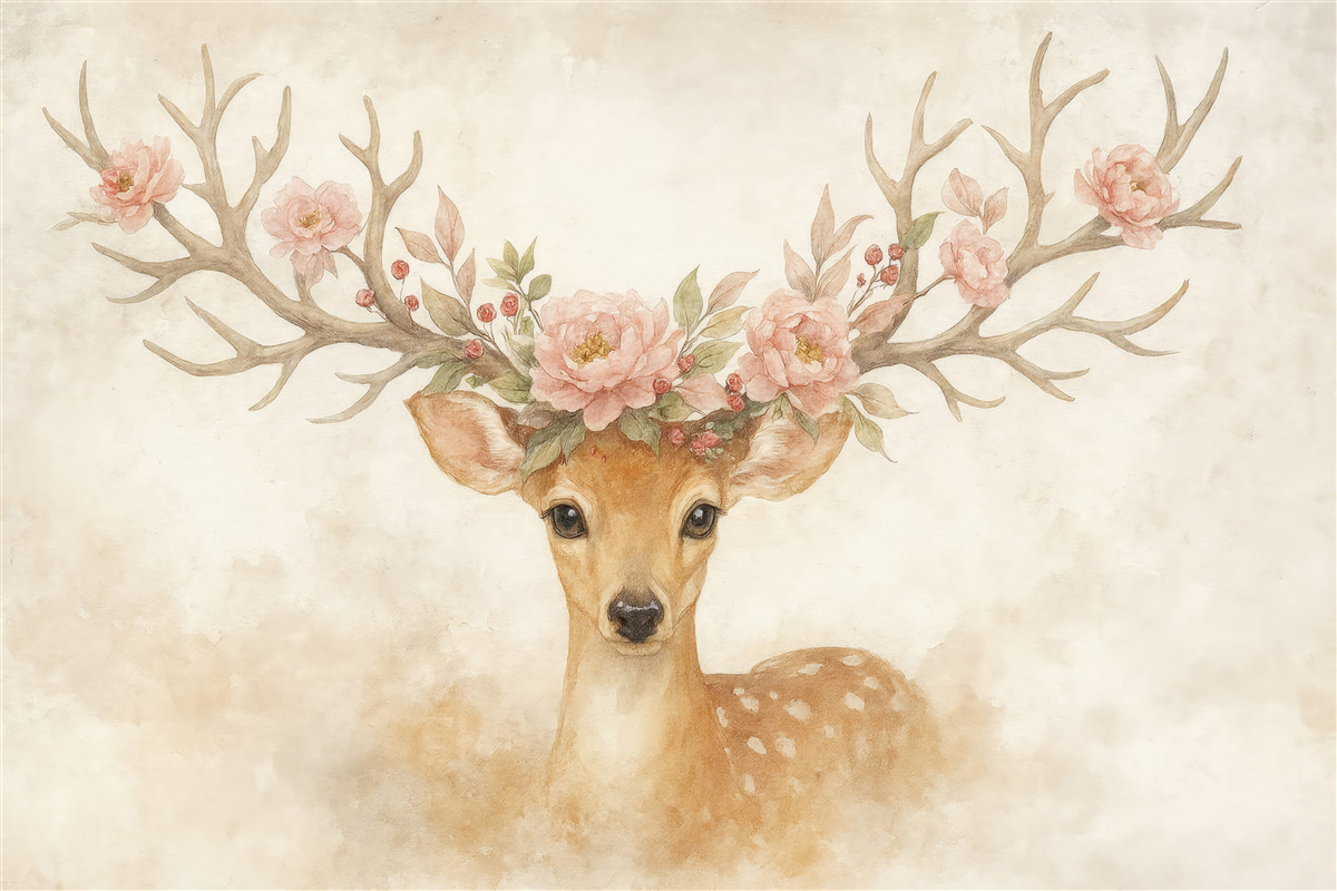Fototapeta Jeleń z kwiatami na porożu.