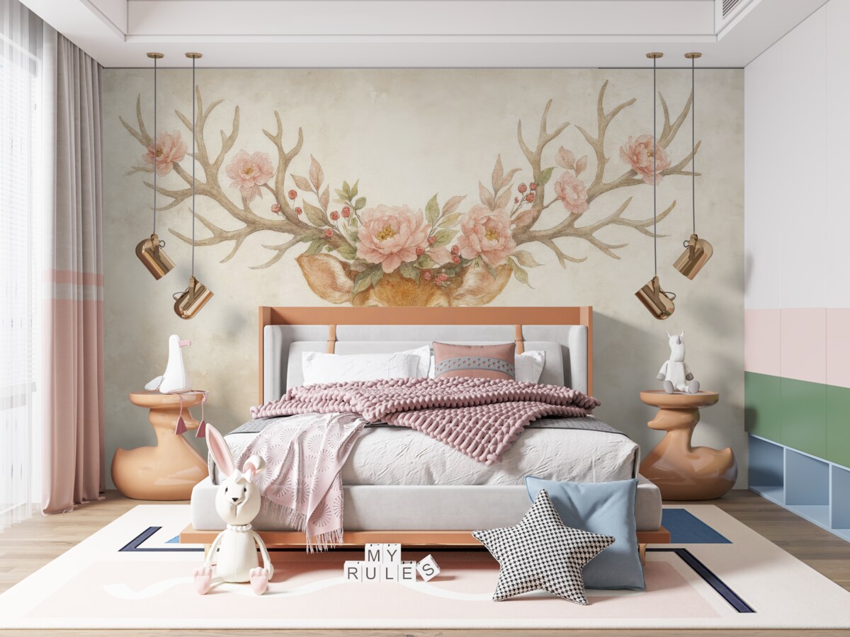 Fototapeta Jeleń z kwiatami na porożu.