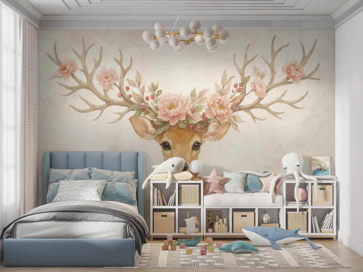 Fototapeta Jeleń z kwiatami na porożu.