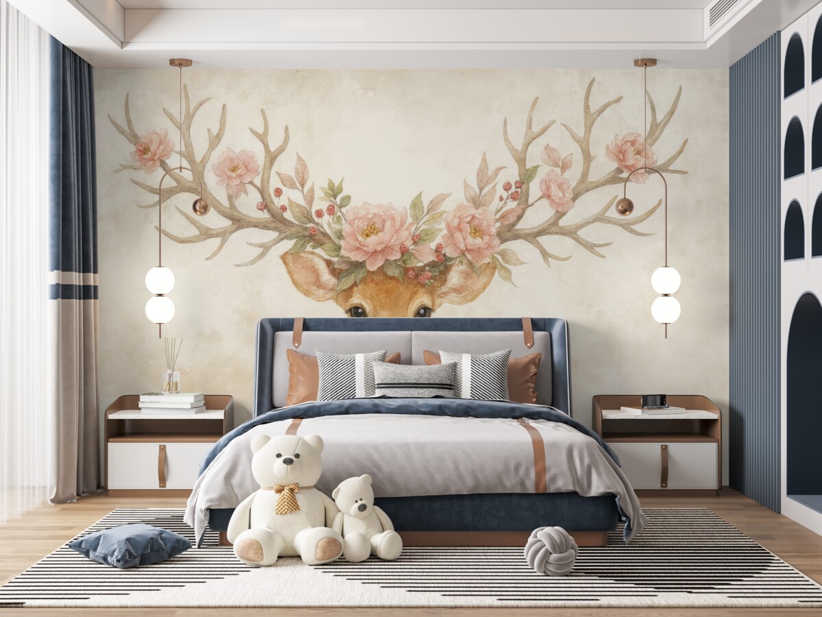 Fototapeta Jeleń z kwiatami na porożu.