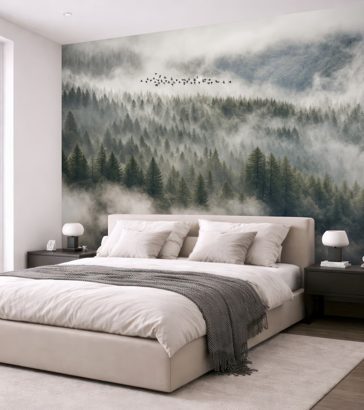 Fototapeta Mglisty las i ptaszki.