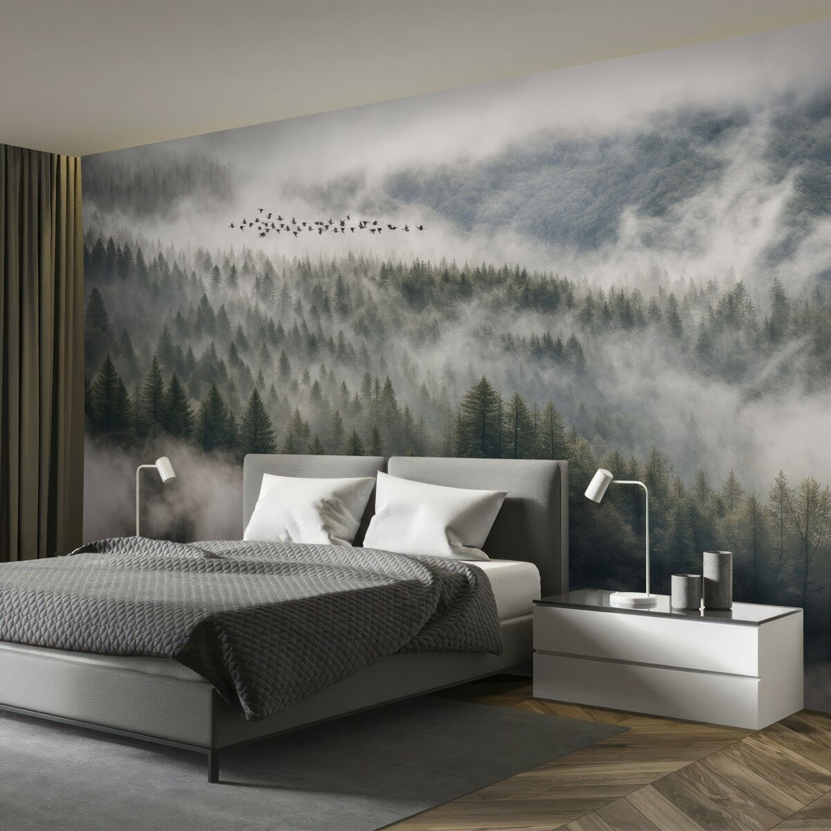 Fototapeta Mglisty las i ptaszki.