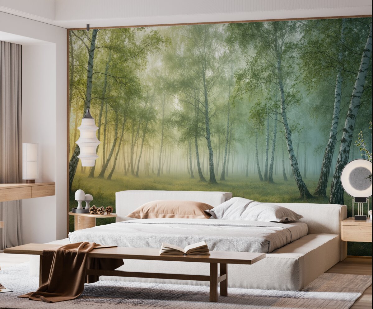 Fototapeta Mgła Brzozowy Lasł.