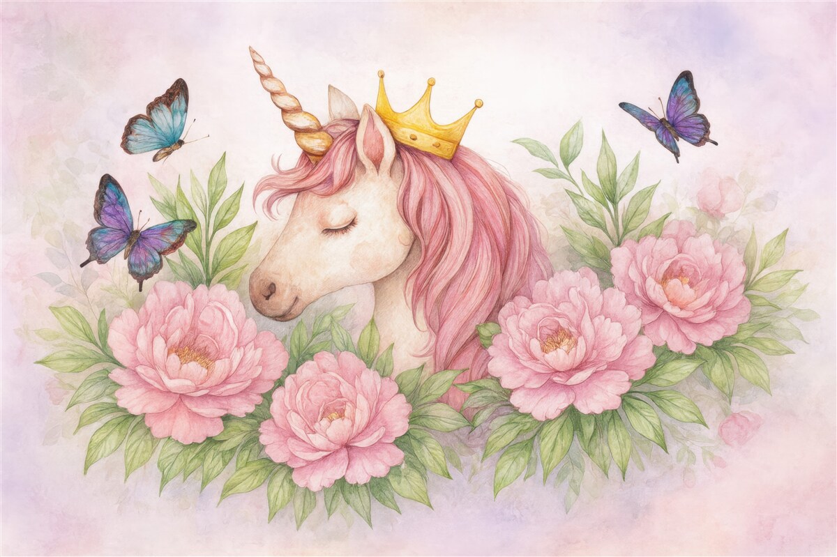 Fototapeta Kapryśny jednorożec pośród rozkwitających roślin.