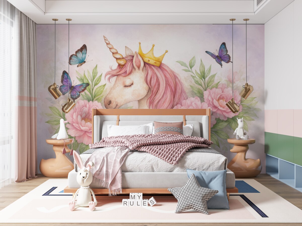 Fototapeta Kapryśny jednorożec pośród rozkwitających roślin.