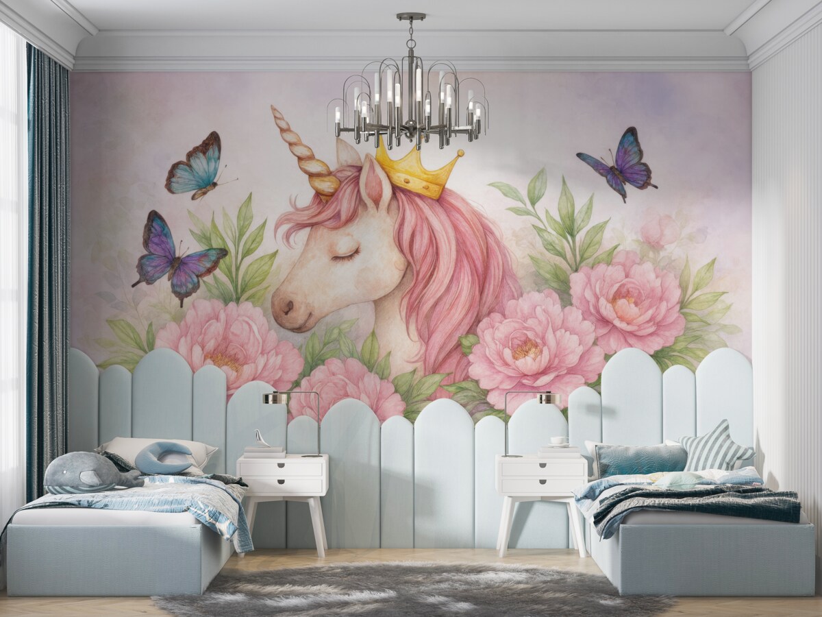 Fototapeta Kapryśny jednorożec pośród rozkwitających roślin.