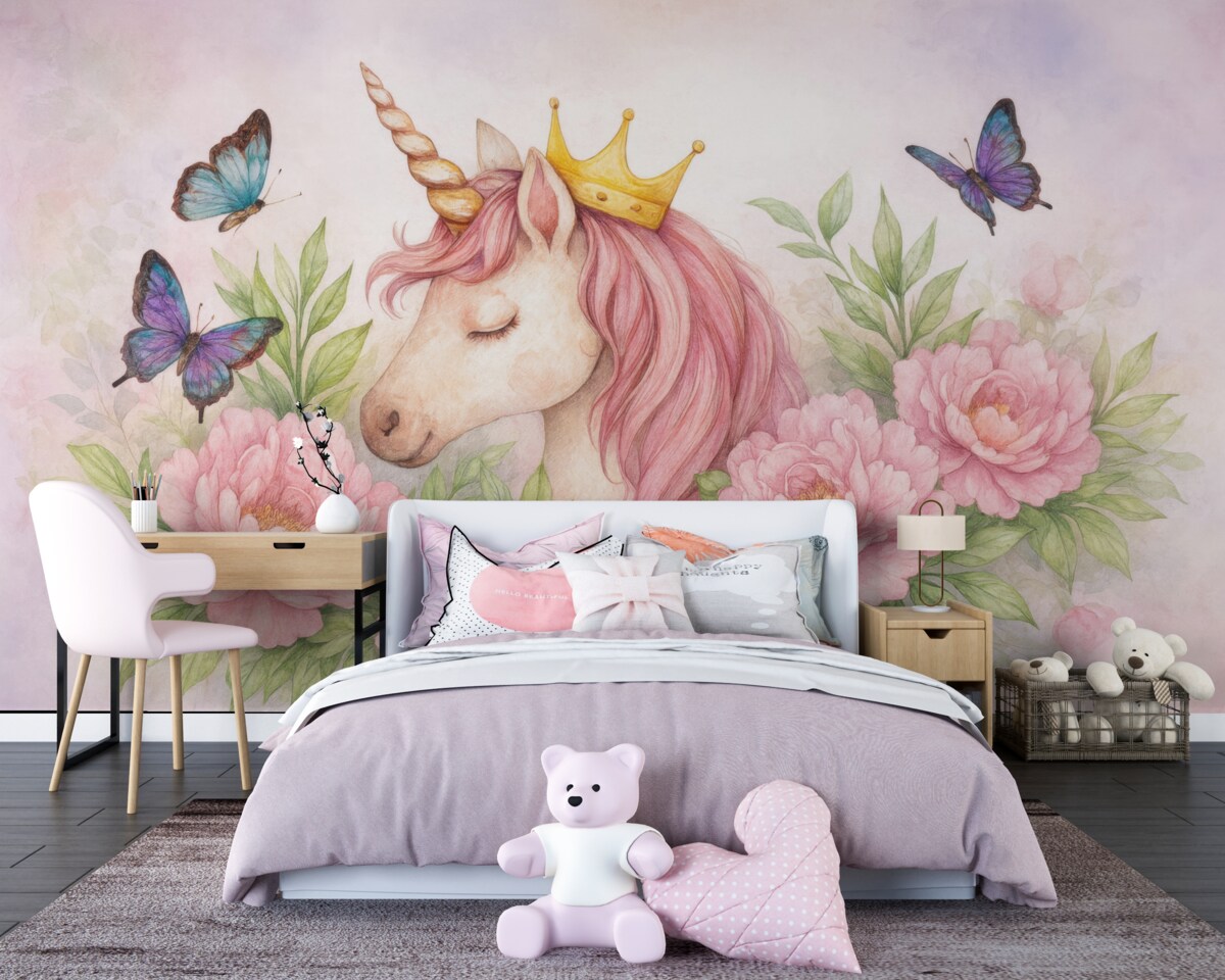 Fototapeta Kapryśny jednorożec pośród rozkwitających roślin.