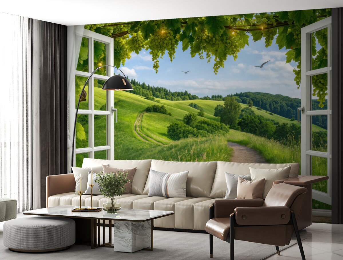 Fototapeta Widok z okna na łąkę.