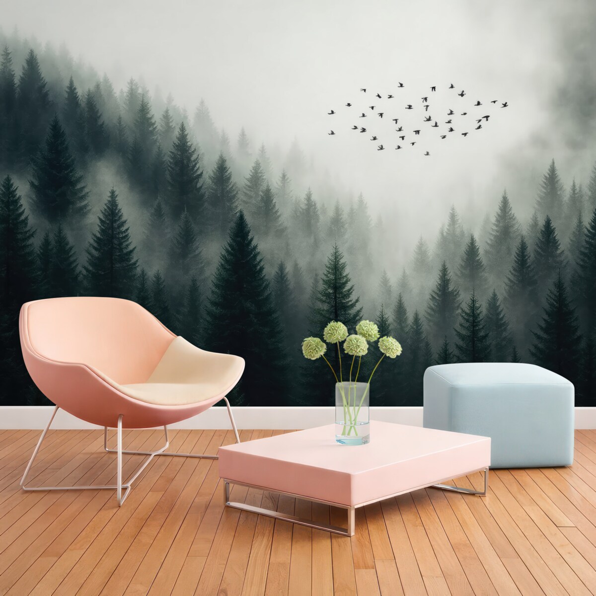 Fototapeta Ptaki unoszące się nad zamglonym lasem.