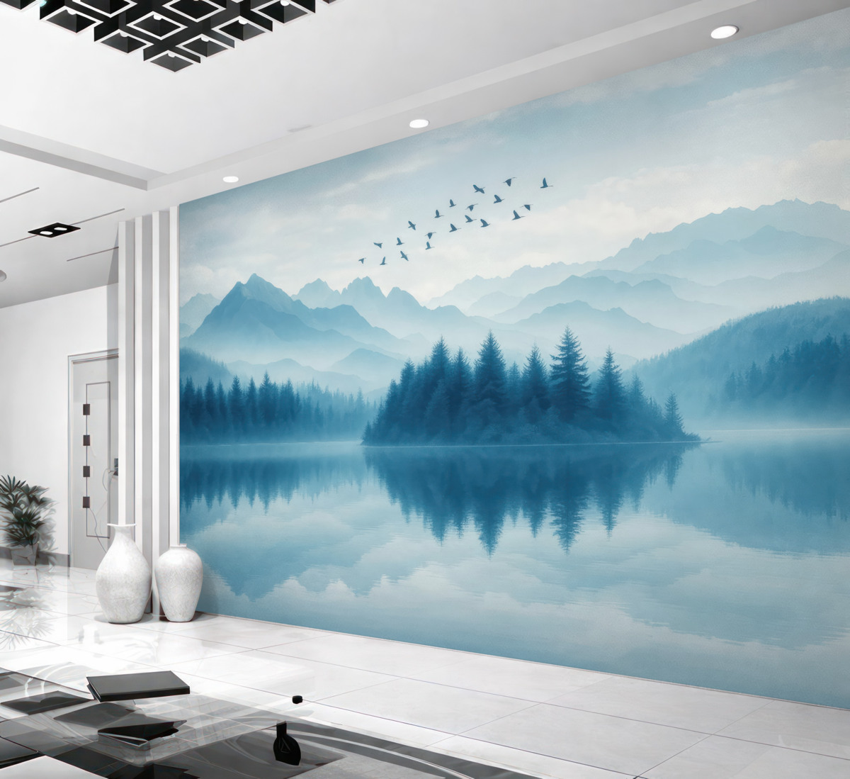 Fototapeta Góry, statek na zamglonym jeziorze.