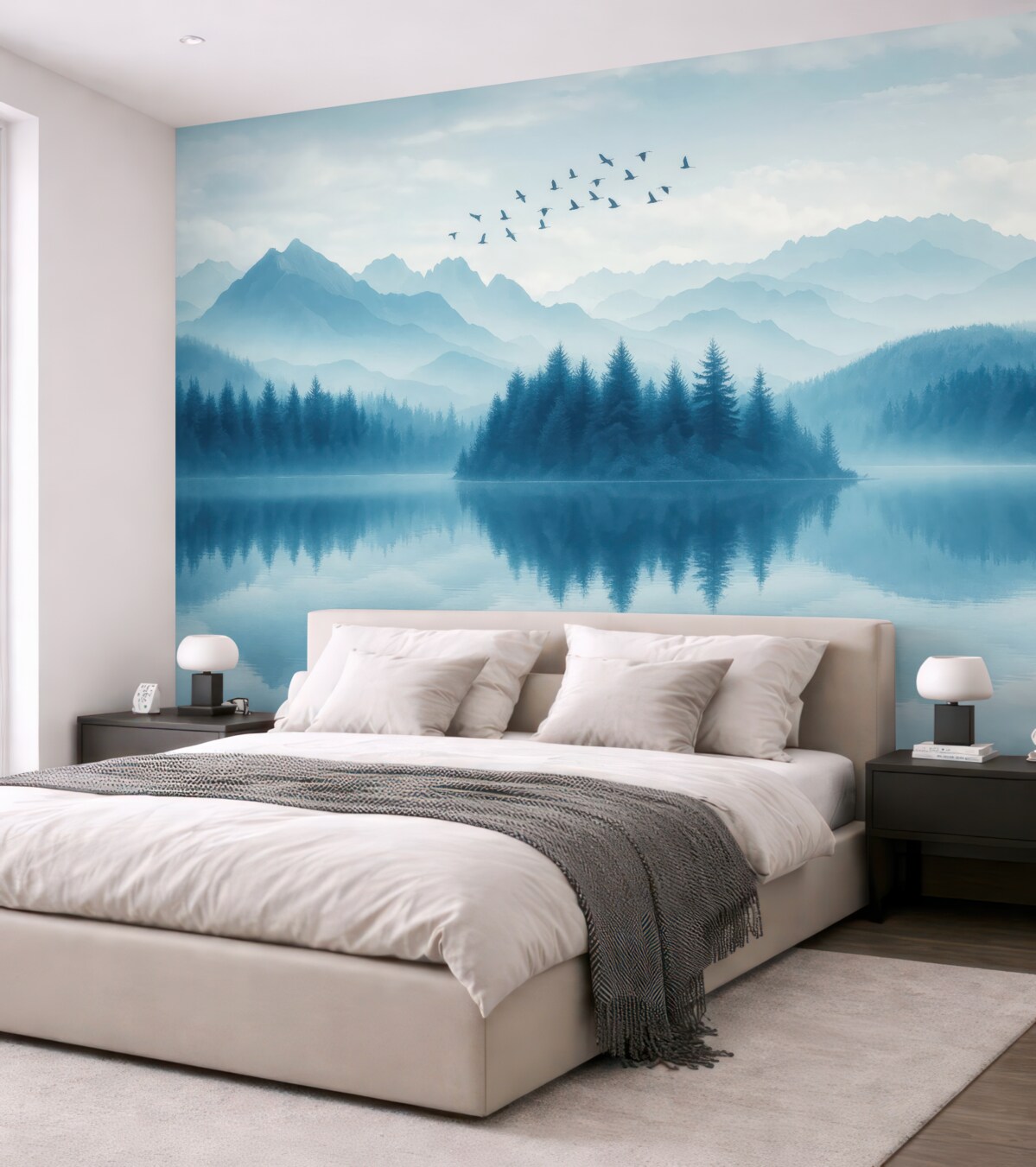 Fototapeta Góry, statek na zamglonym jeziorze.