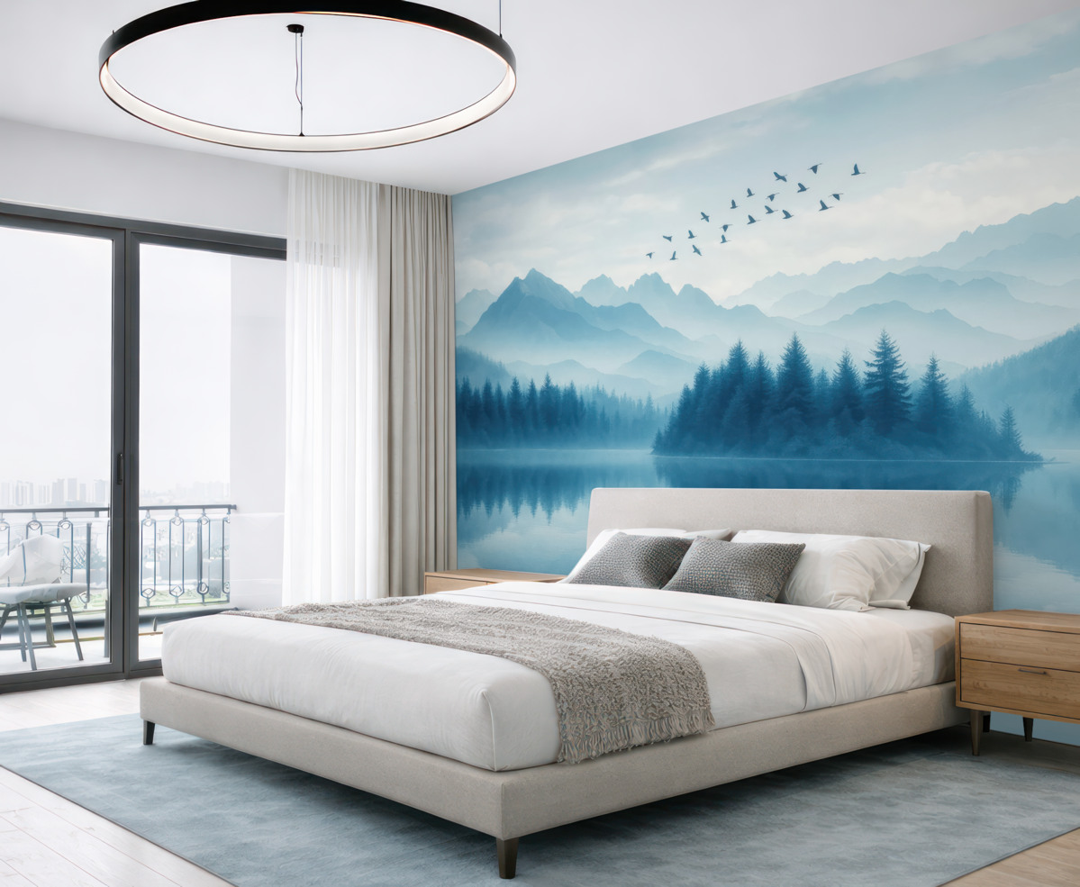 Fototapeta Góry, statek na zamglonym jeziorze.