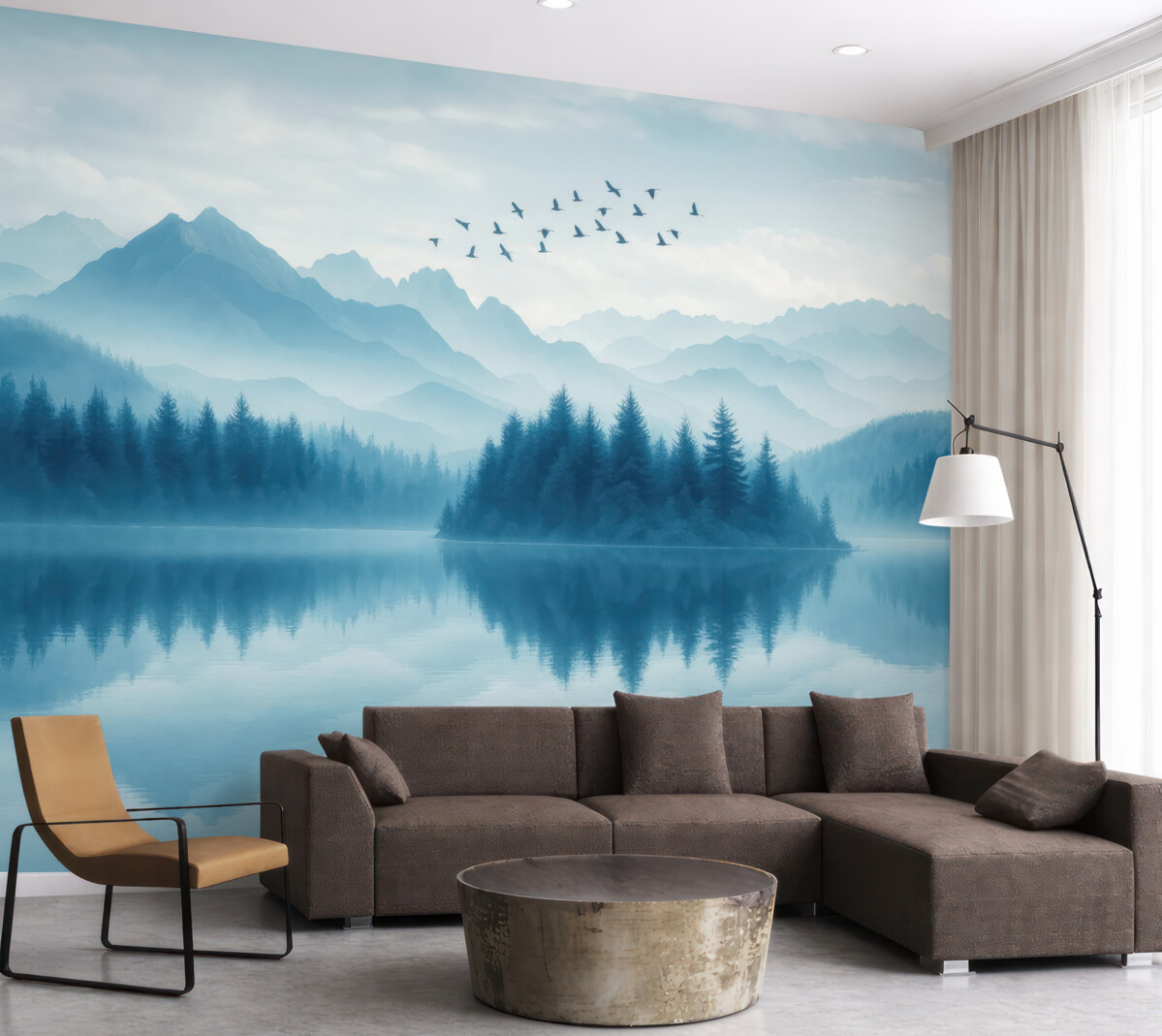 Fototapeta Góry, statek na zamglonym jeziorze.