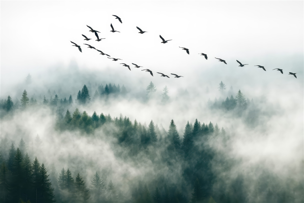 Fototapeta Las otulony mgłą i ptaki.